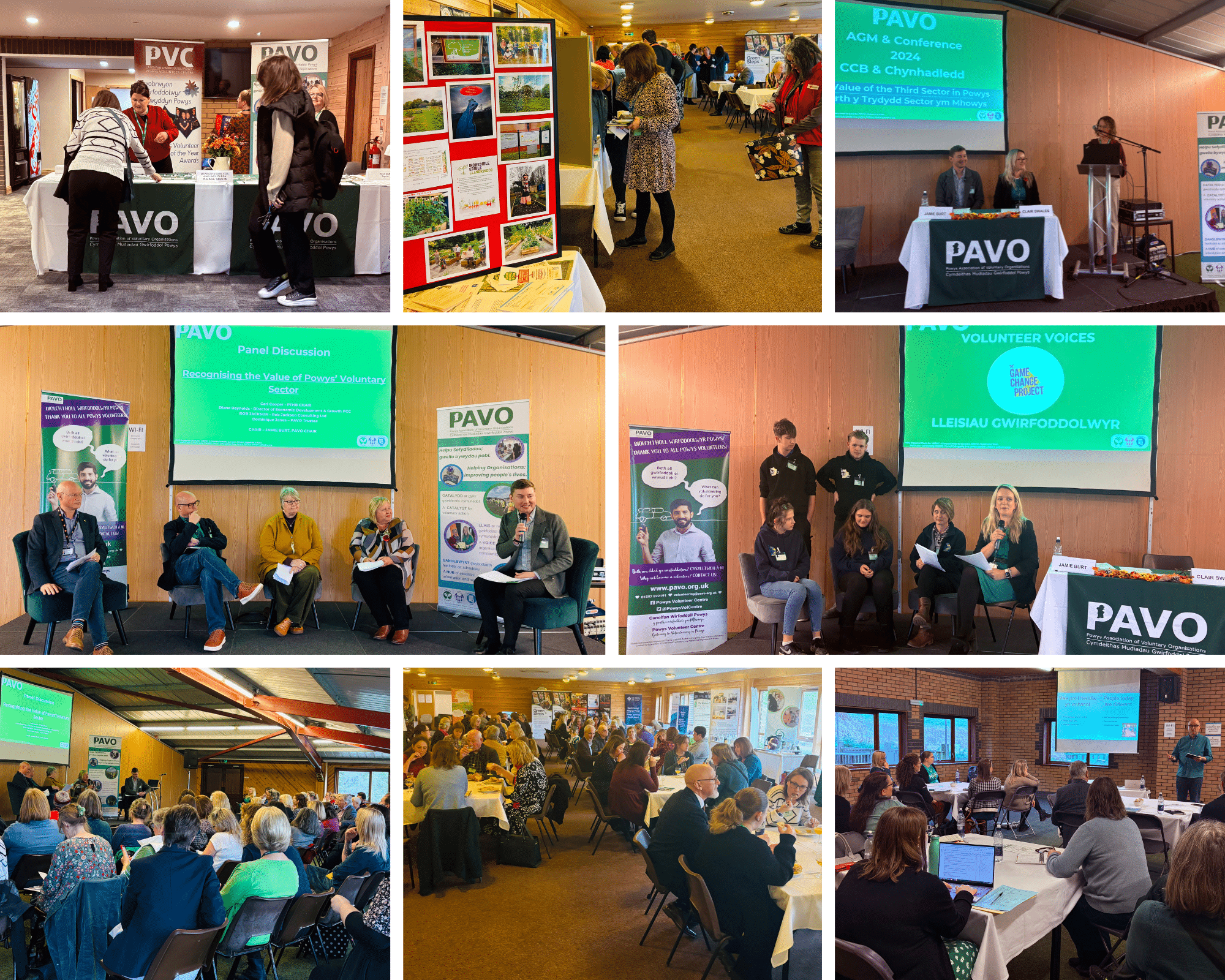 Eight photos from PAVO AGM and Conference 2024 showing a panel discussion, young Powys volunteers sharing their experiences and attendees networking